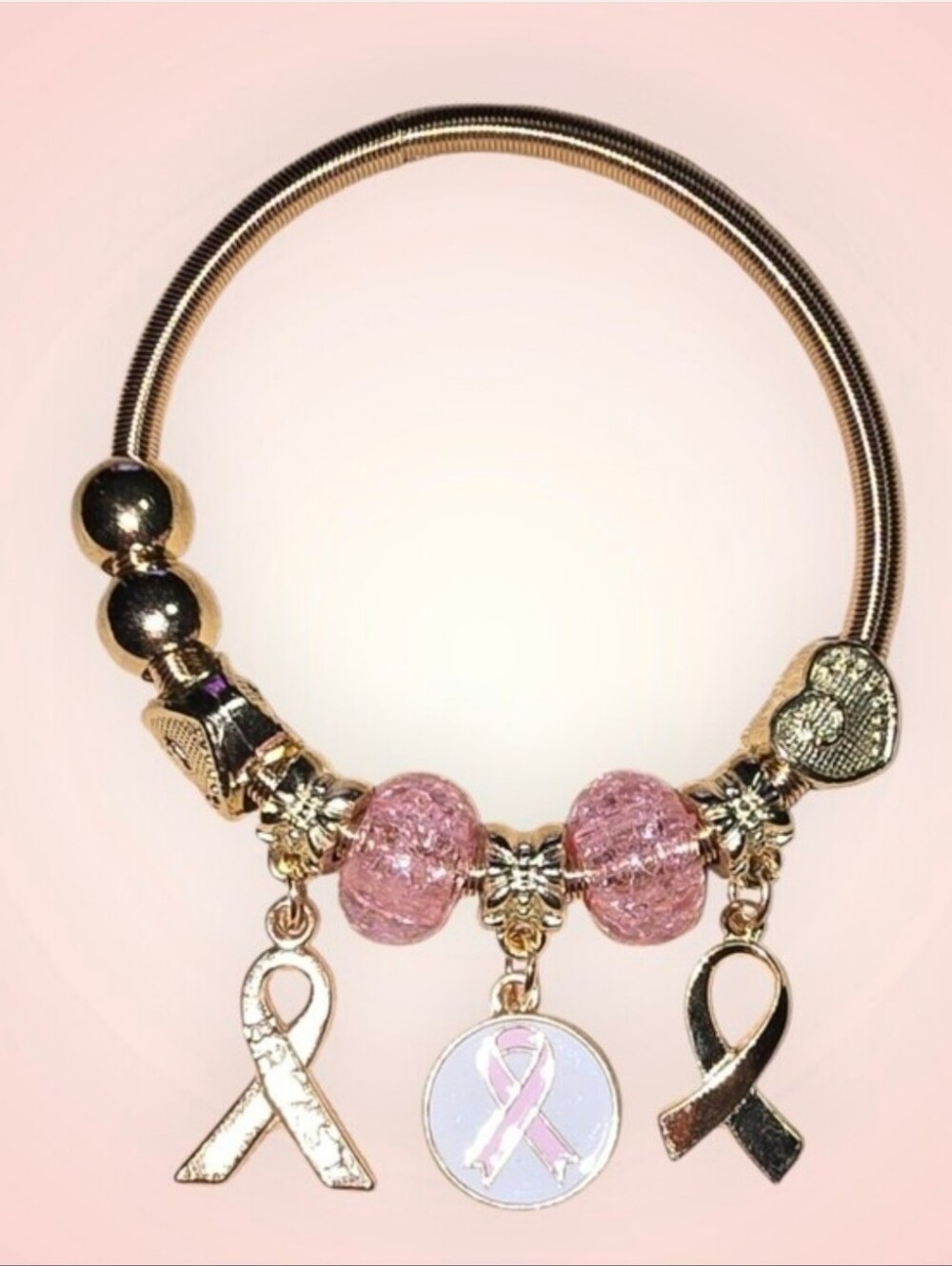 Breast Cancer Awareness Pink Ribbon Charm Bracelet Gold Tone.